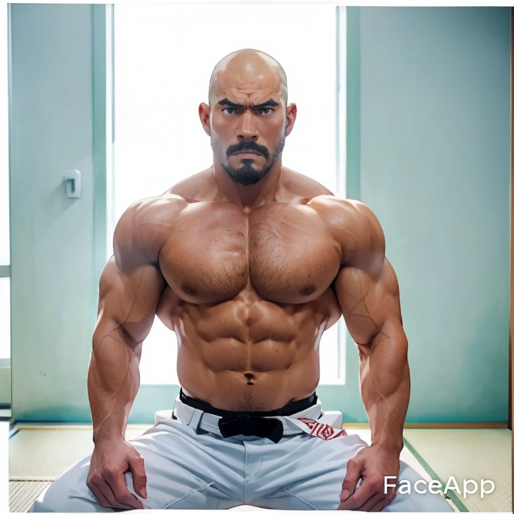 Shirtless and wearing white pants、A 40-year-old shirtless Japanese karateka with a black belt and moustache stands in a dimly lit dojo,Put your back against the wall,Oblique front view from the waist up,A fierce look,Expression distorted in pain,Open the chest,drooling, Pathological look,black belt,put back on the wall,put bottom on the wall,Put your hands in your pockets,Thin arms,Shaved Head,shirtless