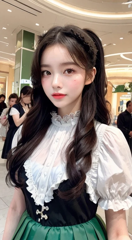 iPhone 14 shooting, Chinese, girl, round Face, big eyes, Face紅, High double ponytail, Dark brown hair, student, front, whole body, posture, detail. Perfect Face, Exquisite facial features, shy, Face紅, shy, Makeup, pink lips, White skin, Rendering, Pure, Pure girl, Pure, Pure, simple girl, Lolita hair ornament, sweet smile, Green Face, High light intensity. air, 長air. Realistic portraits. Pink Face. Close-up of Face, Petite stature, fill light. (in the center of the picture)), Ultra-high precision, super detail, Lens aperture, masterpiece, beautiful and delicate eyes, Peerless Beauty, messy black hair, High double ponytail, Fluffy hair, Exquisite facial features, Transparent light, best quality, best quality, close up, Look at the camera, goddess, Long eyelashes, big eyes, Face, High nose bridge, Exquisite facial features, moist lips, Perfect proportion, shy, Green, Ultra-clear picture quality, 8K resolution, rich and colorful (((Lolita)), folds, ((Lolita style, Multi-layered pleated skirt)), close up, , not expostured, Macro photography, emphasize, whole body, rich and colorful bubbles, Slender, wearing Lolita, radiant skin, perfect Face, sweet smile, Face紅ing Face, Biting fingers, Medium focus and telephoto, In the mall, coquettish, with real feeling..., illuminate Face, close up of Face, Perfect body structure, close up, Rendering, 長air, Aurora Lights. fill light effect, Bright light,