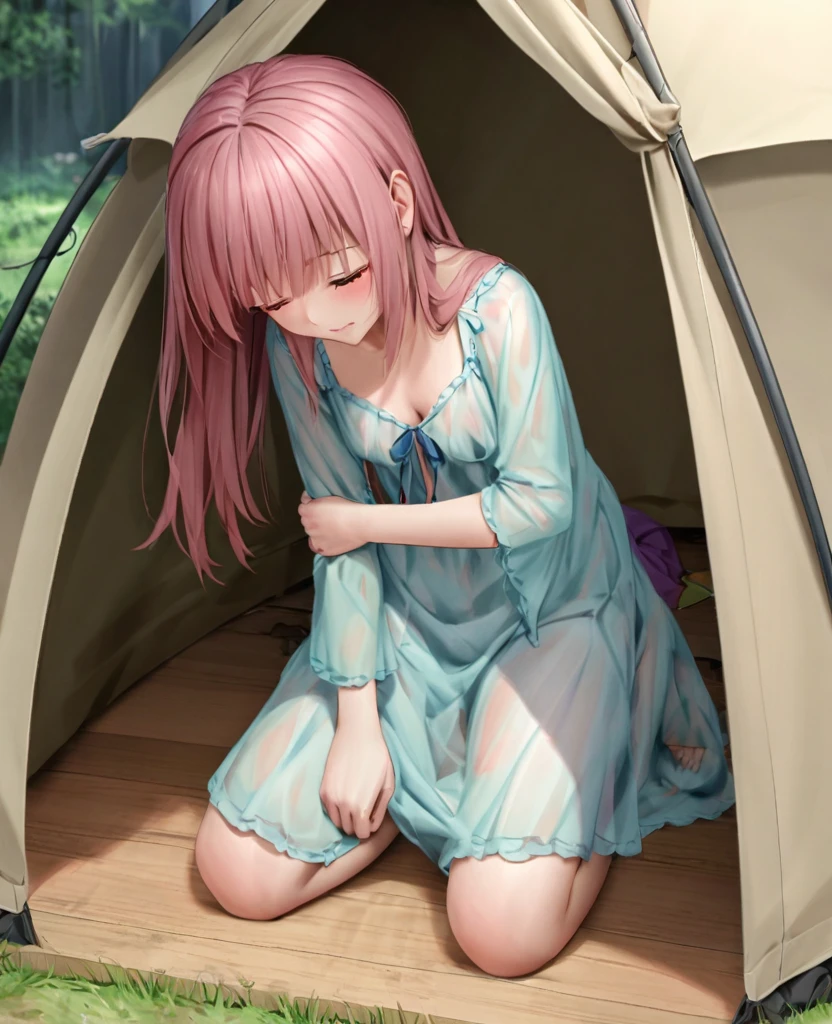 Zara was kneeling near her tent. Her nightgown, now rumpled and disheveled, stuck to her body, leaving no room for imagination, as she leaned purposefully.