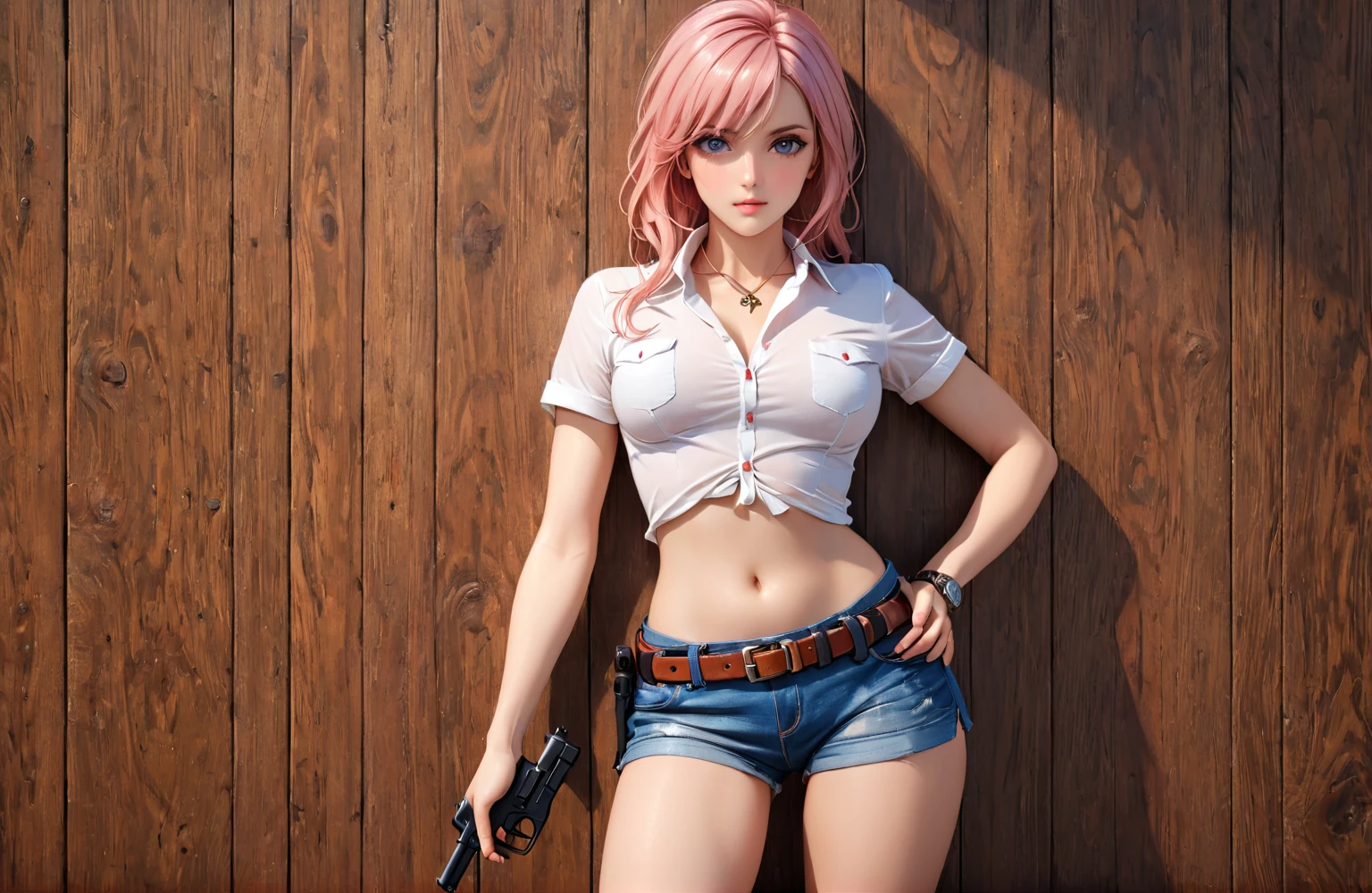 (((1 person:2.5))),(((NSFW:0.5))),(((Wear denim hot pants:1.5))),(((Wear a short-sleeved collared shirt:1.5))),(((Wear a gun belt with a holster:1.8))),,((Wear a watch on your wrist:1.5))),(((Showing cleavage))),(((Exposed thin inner thighs))),(((Small breasts:1.5))),(((Navel exposed:1.5))),(((Bare arms))),(((Put on your boots:1.5))),((Blushed:1.8)), Beautiful detailed girl, Very detailed目と顔, 緻密でBeautiful Eyes, Very detailed, High resolution, Highest quality, masterpiece, Very detailed, 8k wallpaper, wonderful, finely, Highest quality,(Standing in front of a wooden wall),Beautiful Eyes,((Engage your audience:1.5))