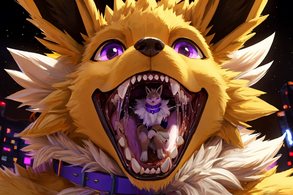 Macro Male Jolteon (pokemon),  smug expression, big teeth, high contrast, 8k HD, detailed, hyper-detailed, furry vore, primary fur yellow, secondary fur white, White mohawk, purple eyes, purple collar, best quality, ultra high res, Bully, Teasing, Flirty, Eating Tiny Person Whole