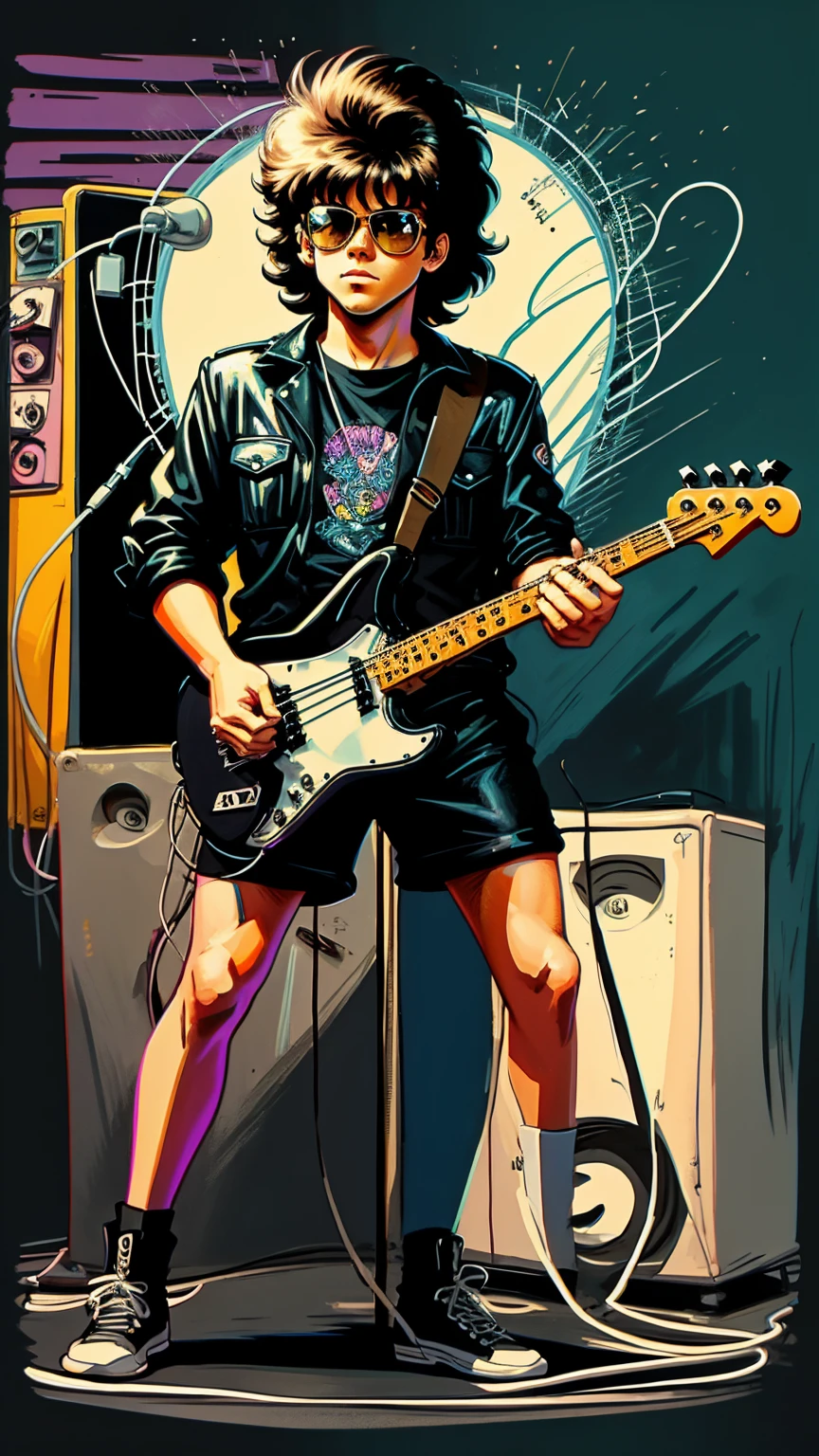 80s bassist drawn cartoon style in black colors