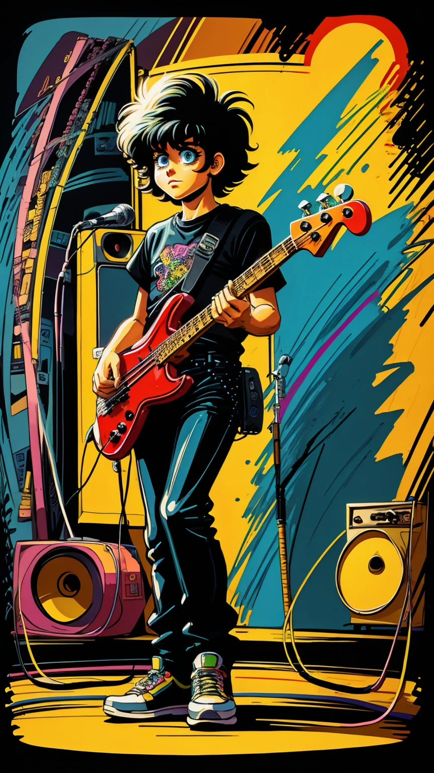 80s bassist drawn cartoon style in black colors