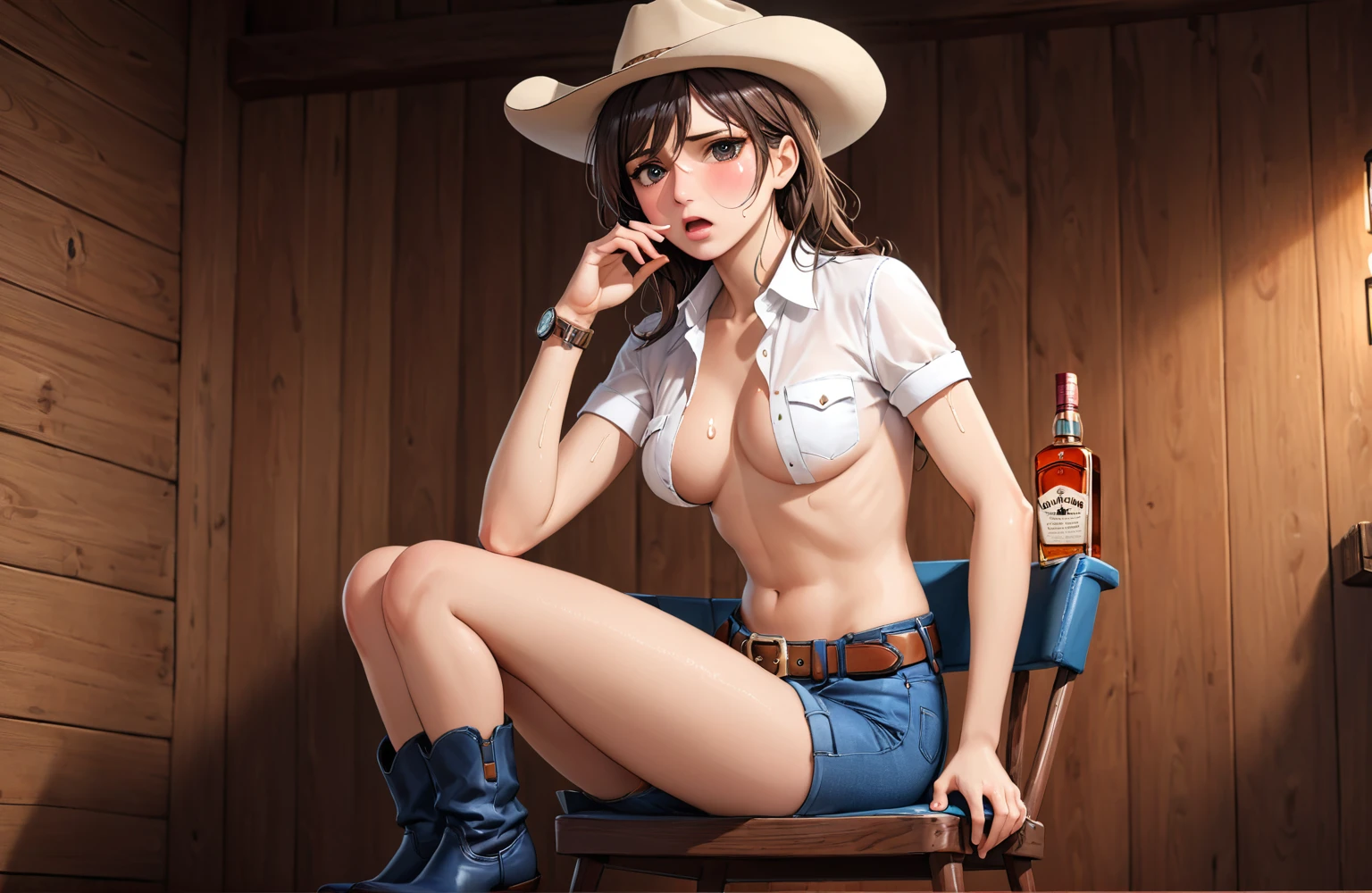 (((1 person:2.5))),(((NSFW:0.5))),(((Wear denim hot pants:1.5))),(((Wear a short-sleeved collared shirt:1.5))),(((Wear a gun belt with a holster:1.8))),,((Wear a watch on your wrist:1.5))),(((Showing cleavage))),(((Exposed thin inner thighs))),(((Small breasts:1.5))),(((Navel exposed:1.5))),(((Bare arms))),(((Put on your boots:1.5))),((Blushed:1.8)), Beautiful detailed girl, Very detailed目と顔, 緻密でBeautiful Eyes, Very detailed, High resolution, Highest quality, masterpiece, Very detailed, 8k wallpaper, wonderful, finely, Highest quality,(Standing in front of a wooden wall),Beautiful Eyes,((Engage your audience:1.5)),((Cowboy Shot:1.5))),((Front shot:1.2)),((Drinking whiskey:1.4)),(((Drunk:1.8))),(((Sit on a chair:1.2))),(((Crying face:0.8)))