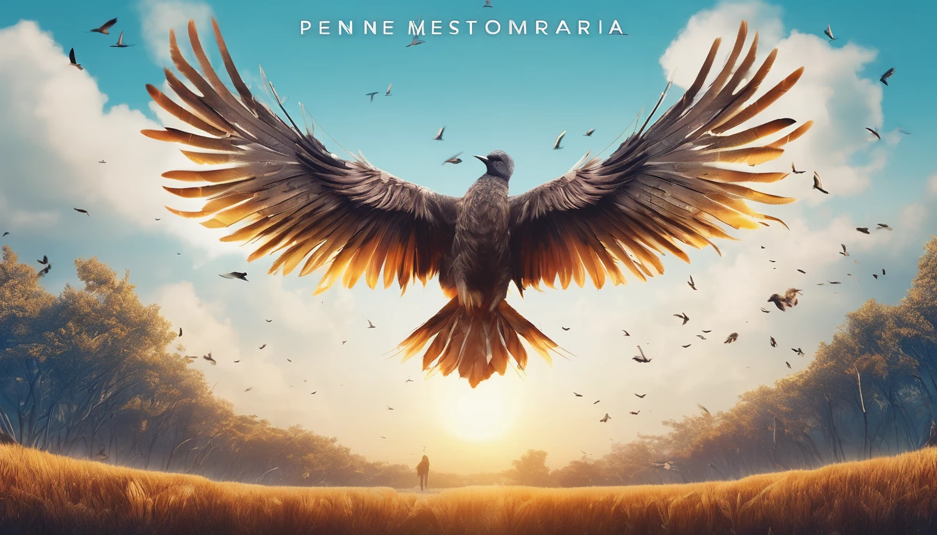 Create a professional, fantastic, cinematic Youtube Banner for a brand about music and stories called " Penamemoria". Masterpiece, 4k, sharp focus, highest quality,wide shot. The Background image is a world full of fantastic feathers, unique birds, light blue sky, soft white and touches of golden. Logo design of a modern, minimalistic, high-quality, logo of a boy-feather