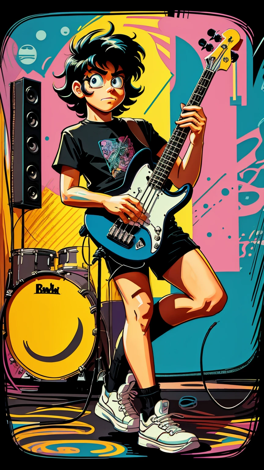 80s bassist drawn cartoon style in black colors