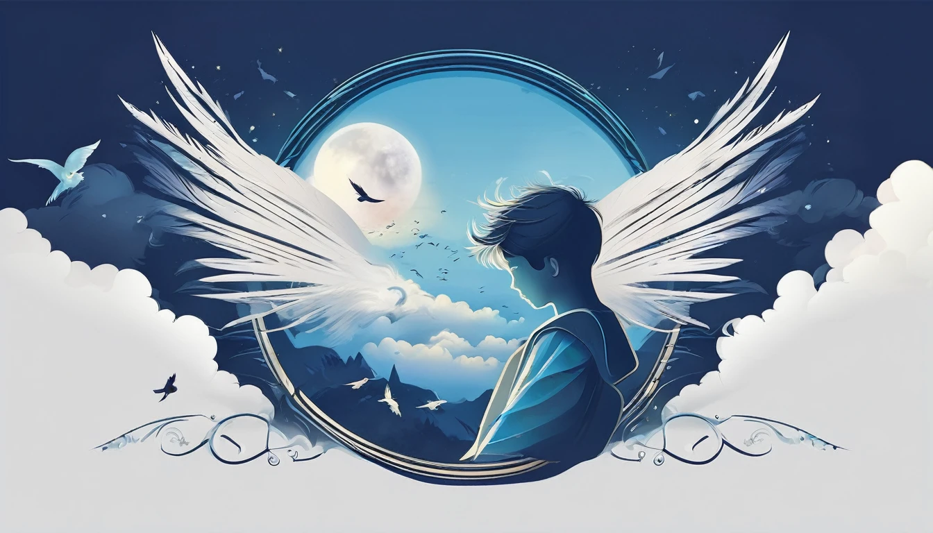 Create a minimalistic, simple, fantastic, easy to understand, logo design of a boy and a feather for an upcoming Brand called " Penamemoria". Create the logo in the center. A fantasy theme with birds and feathers as background, blue sky, white clouds. Use the colours light blue, white, golden in the logo. The logo design must convey a sense of storytelling, memories, dreams and music. Must convey a feeling of being a true Dreamer.