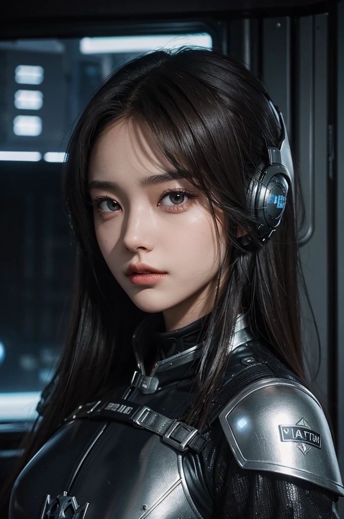 A beautiful woman. Twenty years old. Dark brown hair. She wears a metallic black battle uniform. A futuristic city exists in the space next to her. The weather is cloudy.
