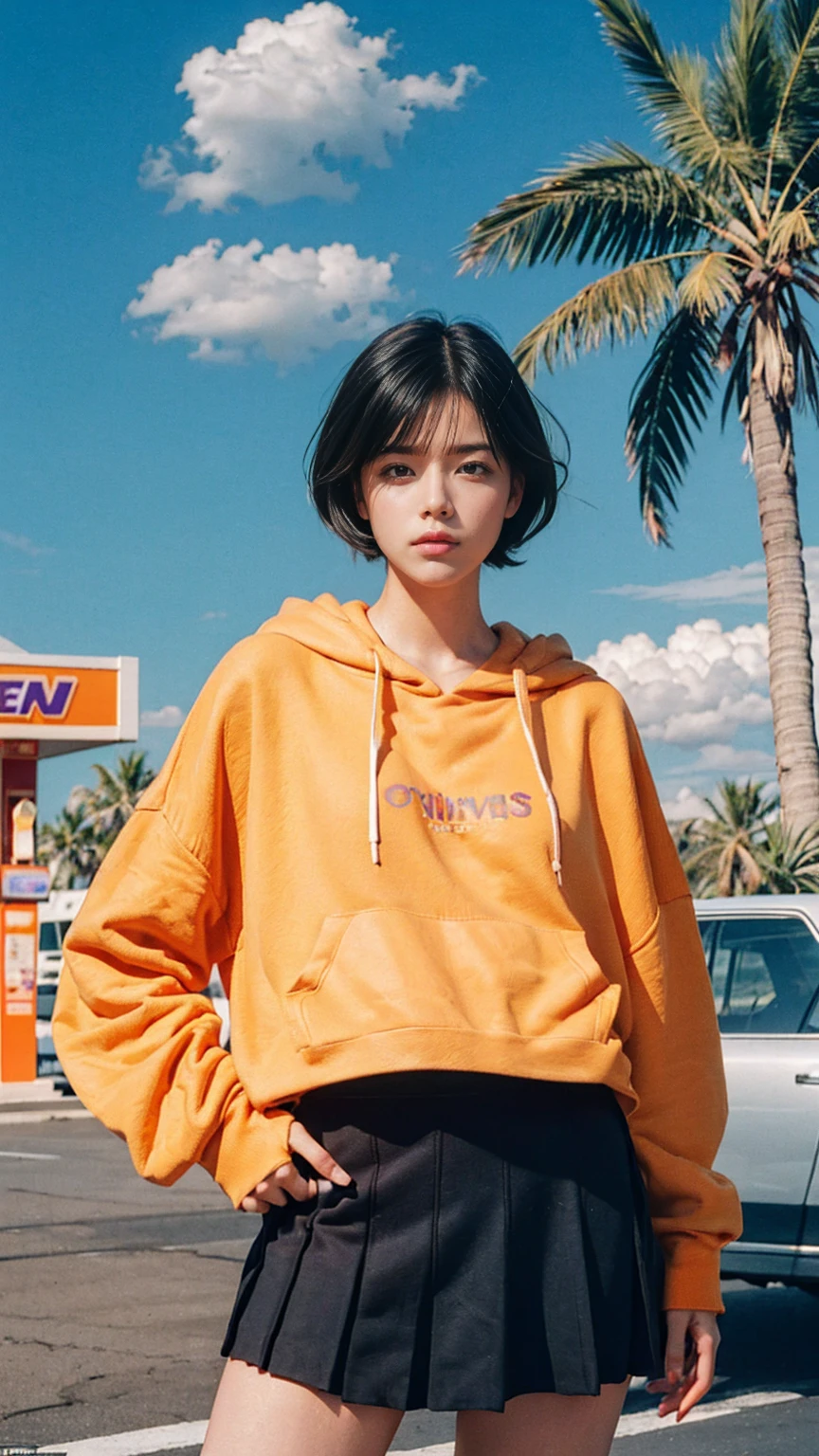 portrait of a 23 yo girl, (perfect natural breast) ,wear (((color orange oversized hoodie))), wear ((purple tennis skirt)),looking front,Best Quality,Masterpiece,Ultra High Resolution,(Realisticity:1.4),Original Photo, 1Girl, light leak,ultra high resolution,UHD,beautiful, (black bob hair), almond eye, no makeup, in front of ((80's gas station)), (realistic:1.2), (surreal:1.3), (very detailed:1.1), ((masterpiece)),summer, blue sky, palm trees,sunny, los angles vibes,film camera, 800mm lens,style of Philip Lorca diCorcia