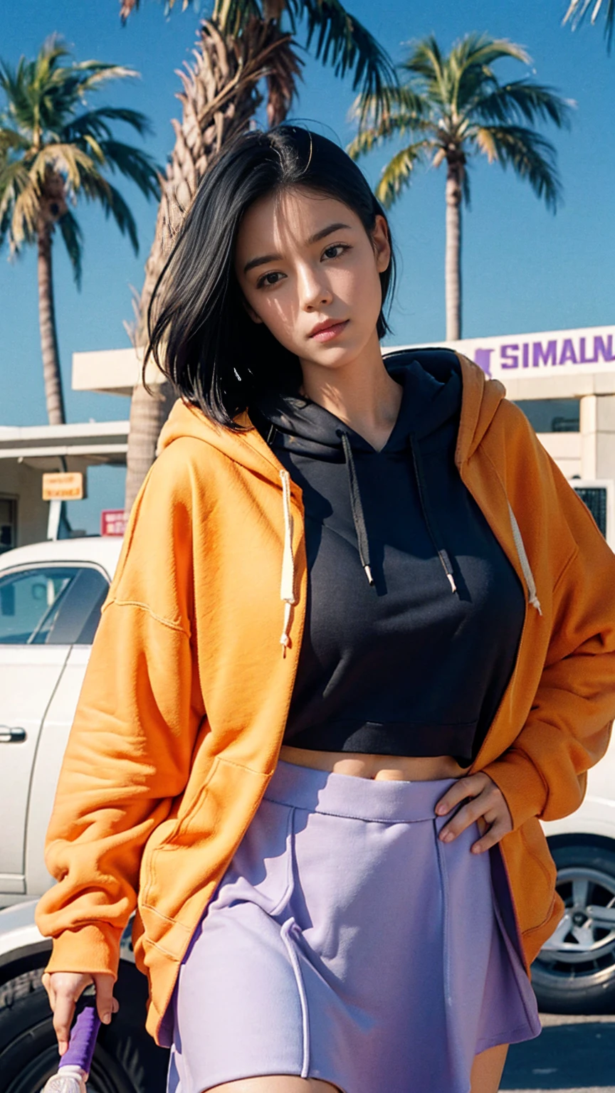 portrait of a 23 yo girl, (perfect natural breast) ,wear (((color orange oversized hoodie))), wear ((purple tennis skirt)),looking front,Best Quality,Masterpiece,Ultra High Resolution,(Realisticity:1.4),Original Photo, 1Girl, light leak,ultra high resolution,UHD,beautiful, (black bob hair), almond eye, no makeup, in front of ((80's gas station)), (realistic:1.2), (surreal:1.3), (very detailed:1.1), ((masterpiece)),summer, blue sky, palm trees,sunny, los angles vibes,film camera, 800mm lens,style of Philip Lorca diCorcia