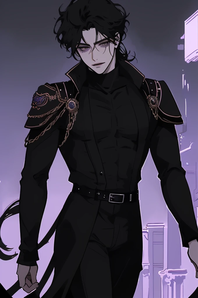 anime man in the night city, attractive man with сиреневые глаза while squinting, black hair, 1 person, black turtleneck, black body armor, Military boots, black leather belts, beautiful detailed eyes, lilac eyes eyes, squinting, shoulder-length curly hair, (Best quality,4K,8 k,A high resolution,masterpiece:1.2), ultra detailed,bright colors,dramatic lighting,complex parts,Cinematic, A tall man, A sly smile on his face, long hair, full length