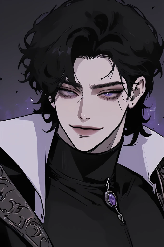 anime man in the night city, attractive man with сиреневые глаза while squinting, black hair, 1 person, black turtleneck, black body armor, Military boots, black leather belts, beautiful detailed eyes, lilac eyes eyes, squinting, shoulder-length curly hair, (Best quality,4K,8 k,A high resolution,masterpiece:1.2), ultra detailed,bright colors,dramatic lighting,complex parts,Cinematic, A tall man, A sly smile on his face, long hair, full length