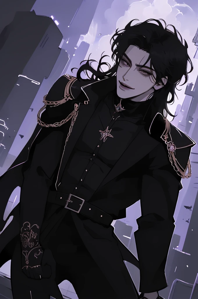 anime man in the night city, attractive man with сиреневые глаза while squinting, black hair, 1 person, black turtleneck, black body armor, Military boots, black leather belts, beautiful detailed eyes, lilac eyes eyes, squinting, shoulder-length curly hair, (Best quality,4K,8 k,A high resolution,masterpiece:1.2), ultra detailed,bright colors,dramatic lighting,complex parts,Cinematic, A tall man, A sly smile on his face, long hair, full length