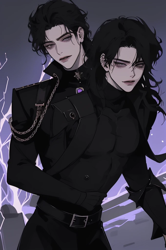 anime man in the night city, attractive man with сиреневые глаза while squinting, black hair, 1 person, black turtleneck, black body armor, Military boots, black leather belts, beautiful detailed eyes, lilac eyes eyes, squinting, shoulder-length curly hair, (Best quality,4K,8 k,A high resolution,masterpiece:1.2), ultra detailed,bright colors,dramatic lighting,complex parts,Cinematic, A tall man, A sly smile on his face, long hair, full length