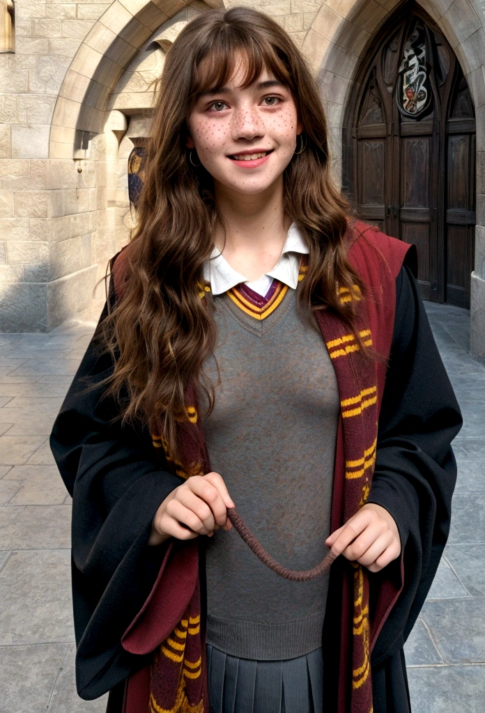 Masterpiece of allure, (16-year-old:1.2), mary elizabeth winstead, (freckles on cheeks, medium-length flowing dark-brown hair:1.2), (small breasts), (wearing hogwarts uniform:1.2), necklace and earrings, revealed in a sensual moment, photorealistic, full body, ballroom by marble stairs, a captivating smile lingers at the corner of her lips, ultra-high-resolution, film stock photography, F2.8 lenses, vibrant colors, realistic, under the clear, sun-kissed sky, by a renowned artist.