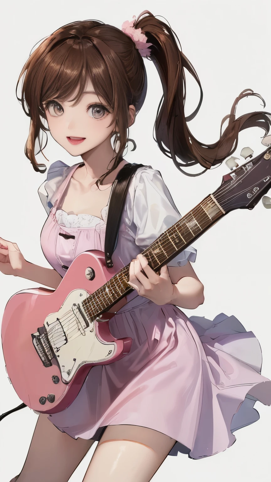 (((White wall background)))、(((Best image quality、8K、Beautiful woman、White wall background)))、guitarist、play the guitar、(((Brown Hair)))、(((Side Ponytail)))、(((smile)))、(((Pink summer dress、mini skirt)))、(((Pure white background)))、Eyes closed、Mouth open