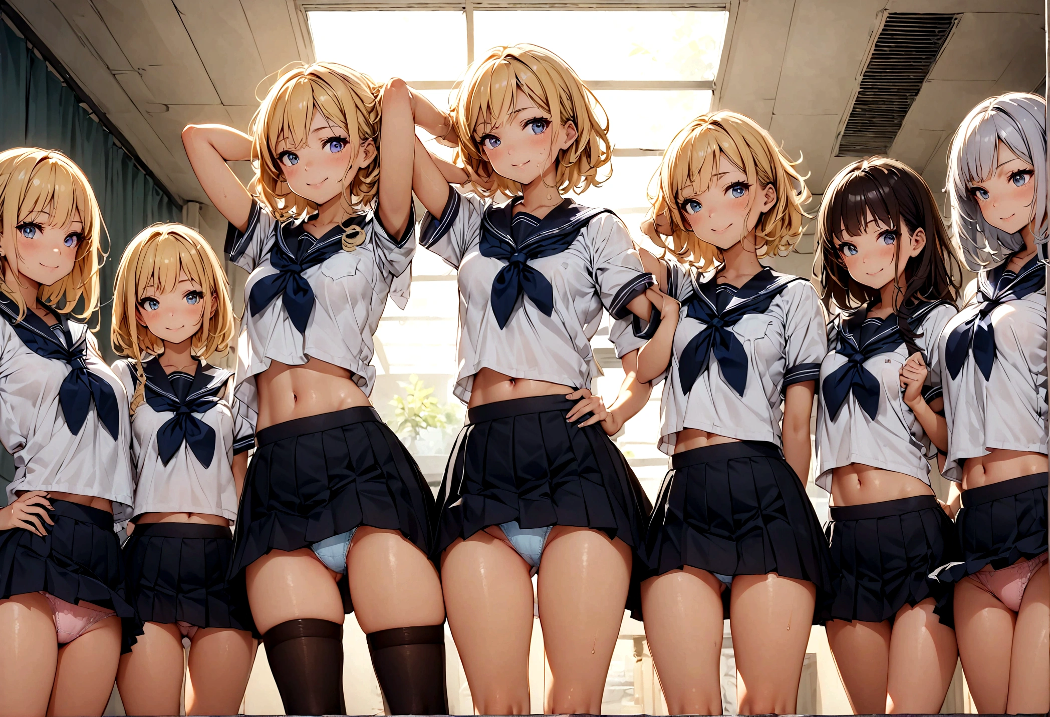 NSWF、((Many students:1.8) profile,(looking away:1.2),(looking at another),bent over,((change clothes)),adjusting hair,hand on own face,(((arms behind head))),((Frolicking)),(Multiple women\(Stupid,smile,Flashy makeup,ＪＫ,gyaru,blonde,Dynamic pose\),((View the whole body))、(Not aware of the shooting),　Breaking Quality\(8K,非常に精細なCGユニットのwallpaper, masterpiece,High resolution,top-quality,top-quality real texture skin,Surreal,Increase the resolution,RAW Photos,Highest quality,Very detailed,wallpaper,Cinema Lighting,Ray-tracing,Golden Ratio\),(Long Shot:1.2) panties ((Dynamic Angle)),{{Random Pause}}，((((Dynamic pose))))，((from below:1.6)),{{changing clothes}},(((school uniform))),((serafuku)),((Pleated skirt)), ((( みんな同じデザインのを着ている))), (((Everyone is wearing the same navy blue skirt))),(((Black knee socks)))，(((Black knee-high socks)))、(((Black Pantyhose))),((Multiple women)),(((multiple girls))),((group picture6+girls)),((Harem)),((Group shot)), 18-year-old、high school girl,(((Fashionable underwear)))，((((Bra and panties are the same color))))、((Beautiful woman))、(((Random hairstyle))),(((Random hair length))),(((Random hair color))),Mid-chest,((the body is slim)),Small Head:1.3,((skinny)),((Oily skin,Glowing Skin,Shiny skin,Sweat:1.4)),(((Slim and long legs)))、