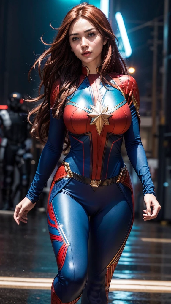 (masterpiece), (best quality), (ultra detailed), (epic lights reflections), glowing, luminous neon lights, 1girl, red eyes, red hair, full makeups, red lips, fit body hair blown by strong winds, she is a Beautiful Captain-Marvel, very tight body shape suit, ultra bodysuit details, hair blown by winds, ((full body)), symmetrical pose, model posing in the middle, 