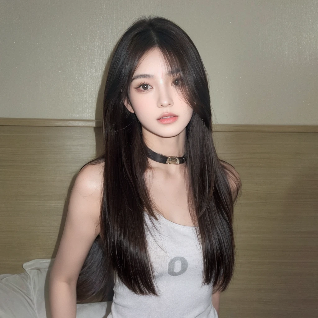 Long straight hair with bangs,Long straight cold brown hair,Same hair color,Natural and beautiful hair,The background is simple, clean and pure