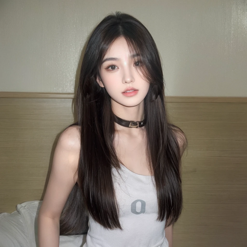 Long straight hair with bangs,Long straight cold brown hair,Same hair color,Natural and beautiful hair,The background is simple, clean and pure