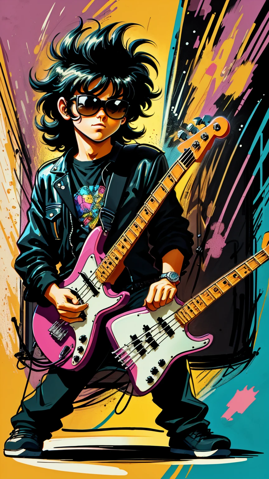 80s bassist drawn cartoon style in black colors