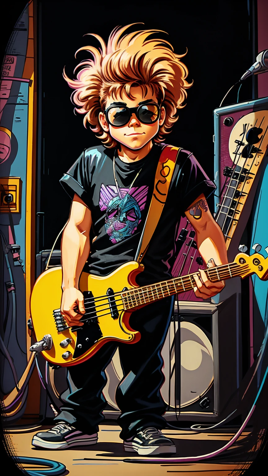 80s bassist drawn cartoon style in black colors