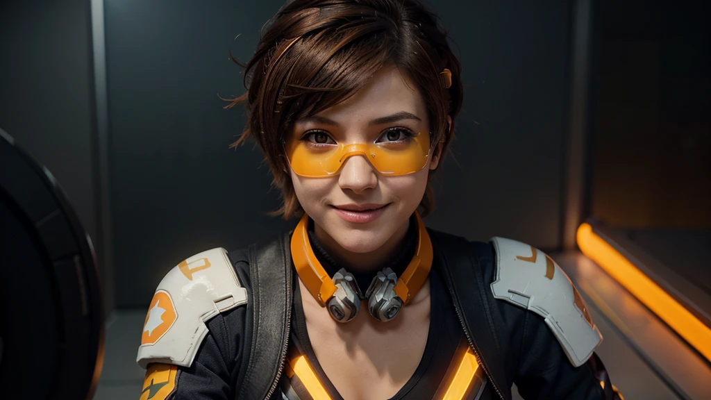 A cinematic shot of Tracer from Overwatch, smiling and posing in her costume with orange goggles, a black jacket with white trim, and a blue accent on her chest. She has short brown hair and wears yellow accents. Generated using Luma AI