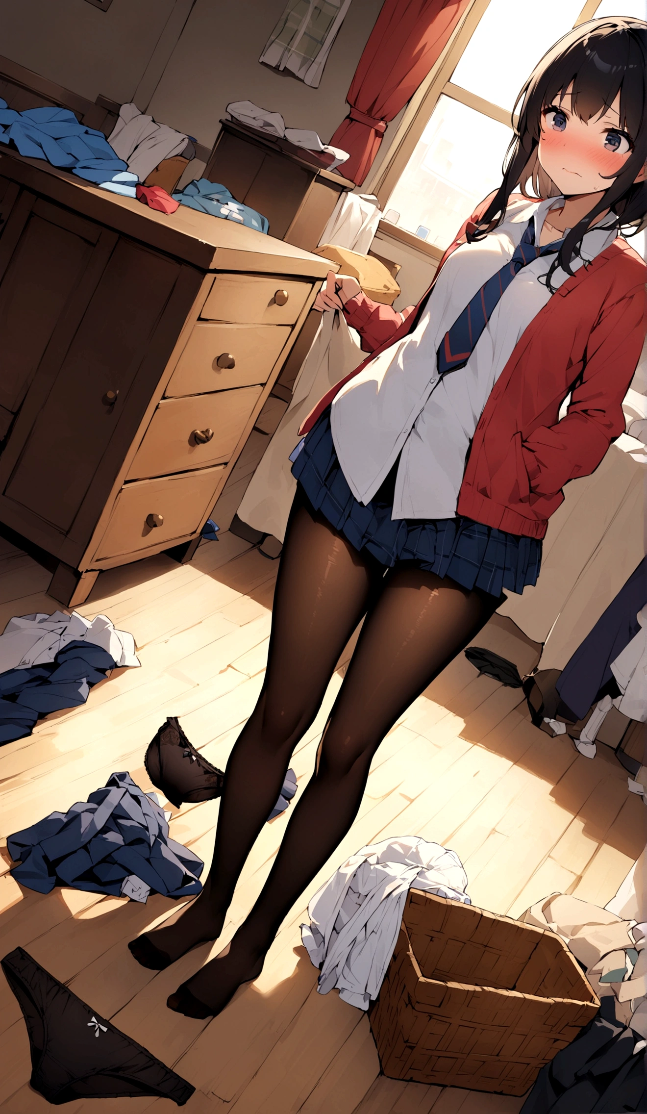 Top quality, 1 beautiful woman, long Hair, brown hair, wearing white Camisole & skirt, wearing knit sweater & miniskirt, (Flirtingly lifting her skirt to show her panties:1.3) on the bed, half-smile, natural Light, from_behind, indoor