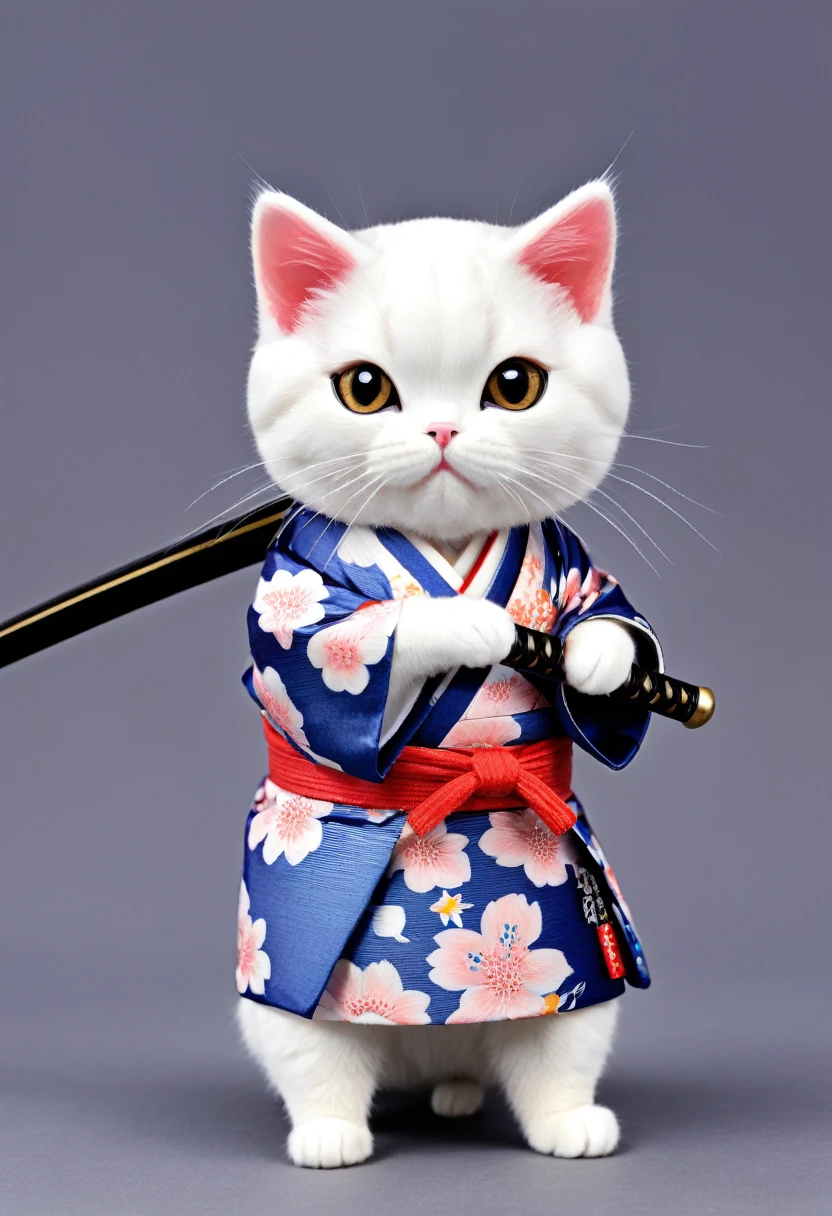 Cat　Wearing a kimono　small、round　Holding a sword