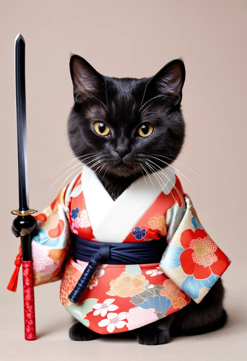 Cat Wearing a kimono small、round Holding a sword