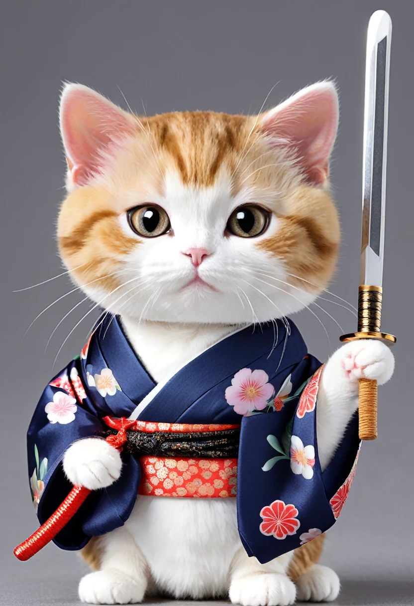 Cat Wearing a kimono small、round Holding a sword