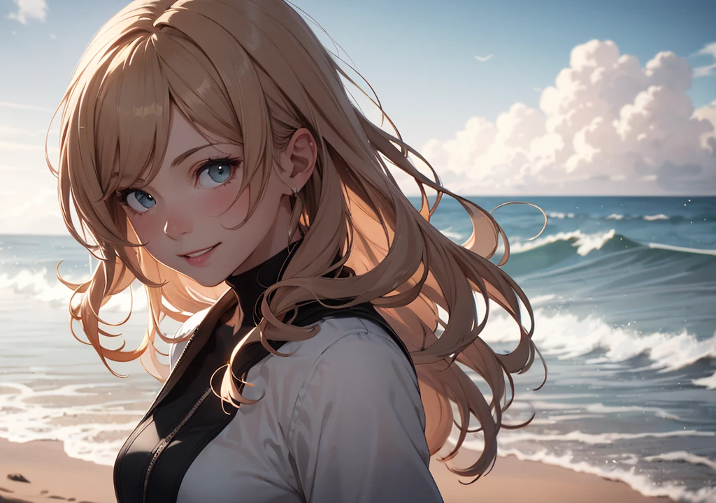 Realistic photos, Focus distance 10mm, Red and white, A big smile, Curly blonde hair, Beautiful girl, Realistic photos, Focus distance 10mmで撮影, masterpiece, 最high quality, high quality, Very detailed CG 8k wallpaper unit, Award-winning photography, Bokeh, Depth of written boundary, High resolution, bloom, chromatic aberration, Realistic, Very detailed, Art Station Trends, CGsociety Trends, Complex, High detail, dramatic, Art on the go, volumetric lighting, A beautiful girl standing on a sandy beach, with the ocean waves in the background and the wind blowing through her hair.