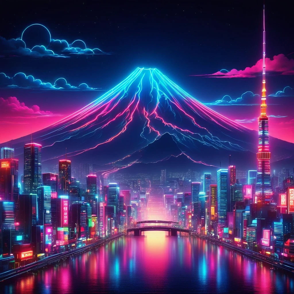 Vaporwave Aesthetic, neon colors, rich colors, flash, very flash, draw in neon colors on a dark background, Mt. Fuji
background, fusion of good old Japanese scenery and modern art, POP Illustration, poster, perfect composition, design that expresses Japan, works of art