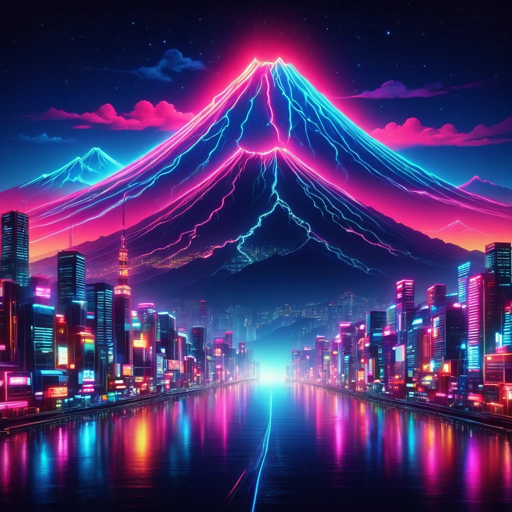Vaporwave Aesthetic, neon colors, rich colors, flash, very flash, draw in neon colors on a dark background, Mt. Fuji
background, fusion of good old Japanese scenery and modern art, POP Illustration, poster, perfect composition, design that expresses Japan, works of art