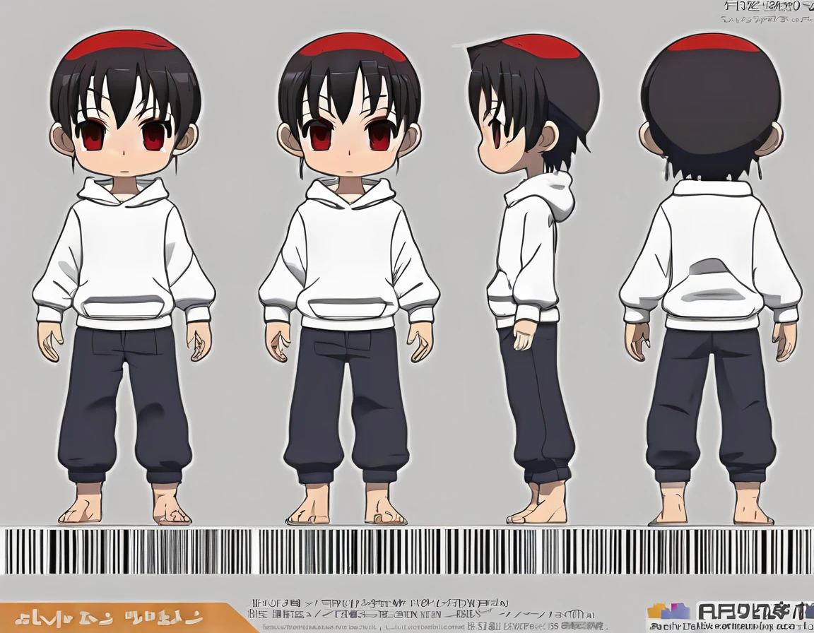 3D model reference sheet of anime boy, silver hair, ahoge, red eyes, cheek barcode, white oversized sweatshirt and pants, barefoot, front side and back views, turnaround, white background, cute, tall chibi, big hands and feet, small ghost mascot