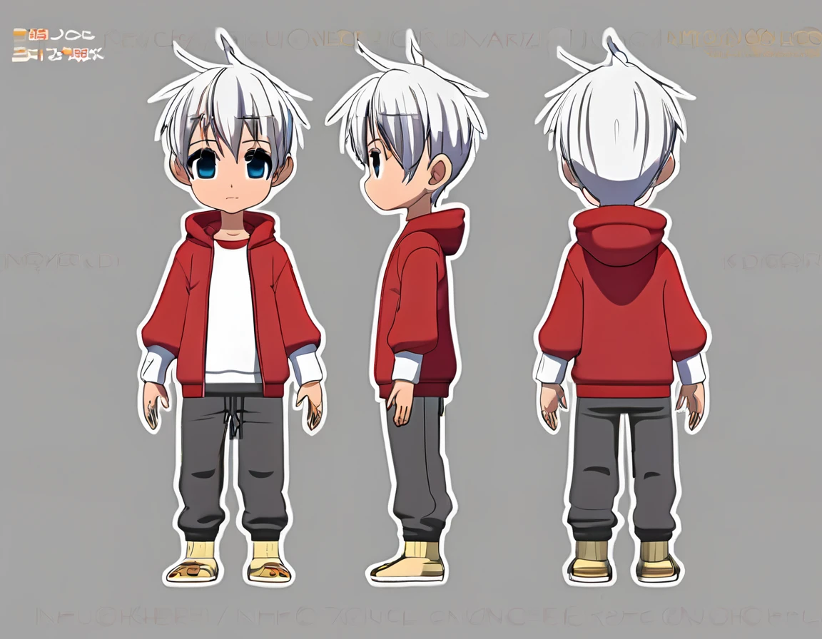 3D model reference sheet of anime boy, silver hair, ahoge, red eyes, cheek barcode, white oversized sweatshirt and pants, barefoot, front side and back views, turnaround, white background, cute, tall chibi, big hands and feet, small ghost mascot