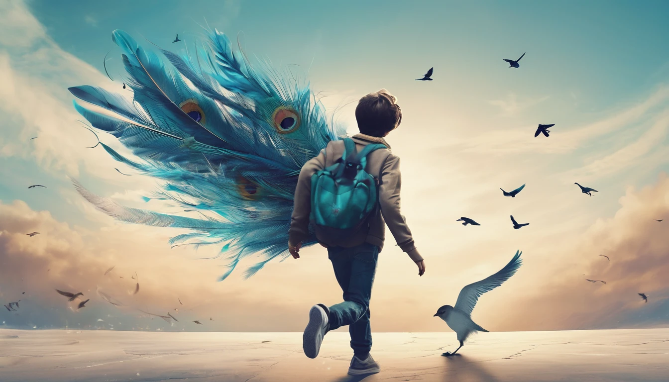 Create a professional, fantastic, cinematic Youtube Banner for a brand about music and stories called " Penamemoria". Masterpiece, 4k, sharp focus, highest quality,wide shot. The title is " Penamemoria". Is a brand about the creative, unique journey of a boy into becoming a musician storyteller. In his journey he finds inspiration in a world of birds and feathers. Minimalistic, simple, poetic, dreamy logotype at the center of the image. The Background image is a world full of fantastic feathers, unique birds, light blue sky, and a boy running happily into the horizon with an acoustic guitar in his right hand. Boy running against the wind, almost simulating like he is flying