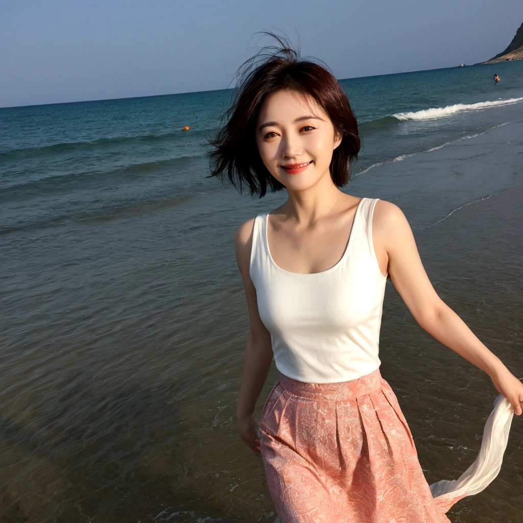 sunset on the beach，바다에 잔광이 비치네sunset on the beach 붉은 태양，A strong afterglow is reflected in the sea., Beautiful 46 year old short Korean woman, Chest size 34 inches, Wear sleeveless, light skirt. beautiful pretty woman look , wearing a light skirt , Go far into the sea water and dip your toes., Short medium hair blowing in the wind, 1 short woman, beautiful eyes, a little smile, Full body photo from a distance with a wide angle lens, The background is clear and perfect, waves driven by the wind, best high definition