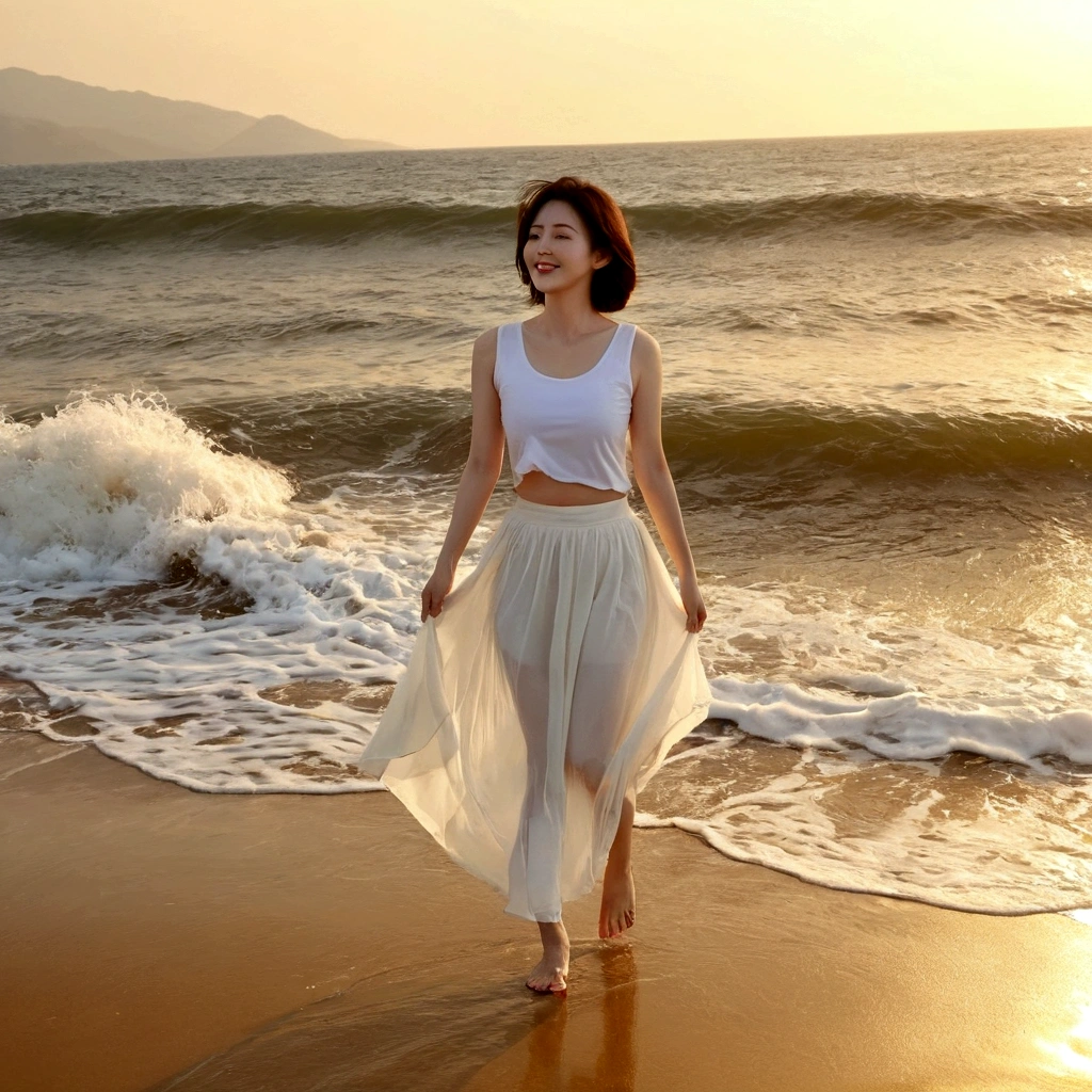 sunset on the beach,바다에 잔광이 비치네sunset on the beach 붉은 태양,A strong afterglow is reflected in the sea., Beautiful 46 year old short Korean woman, Chest size 34 inches, Wear sleeveless, light skirt. beautiful pretty woman look , wearing a light skirt , Go far into the sea water and dip your toes., Short medium hair blowing in the wind, 1 short woman, beautiful eyes, a little smile, Full body photo from a distance with a wide angle lens, The background is clear and perfect, waves driven by the wind, best high definition