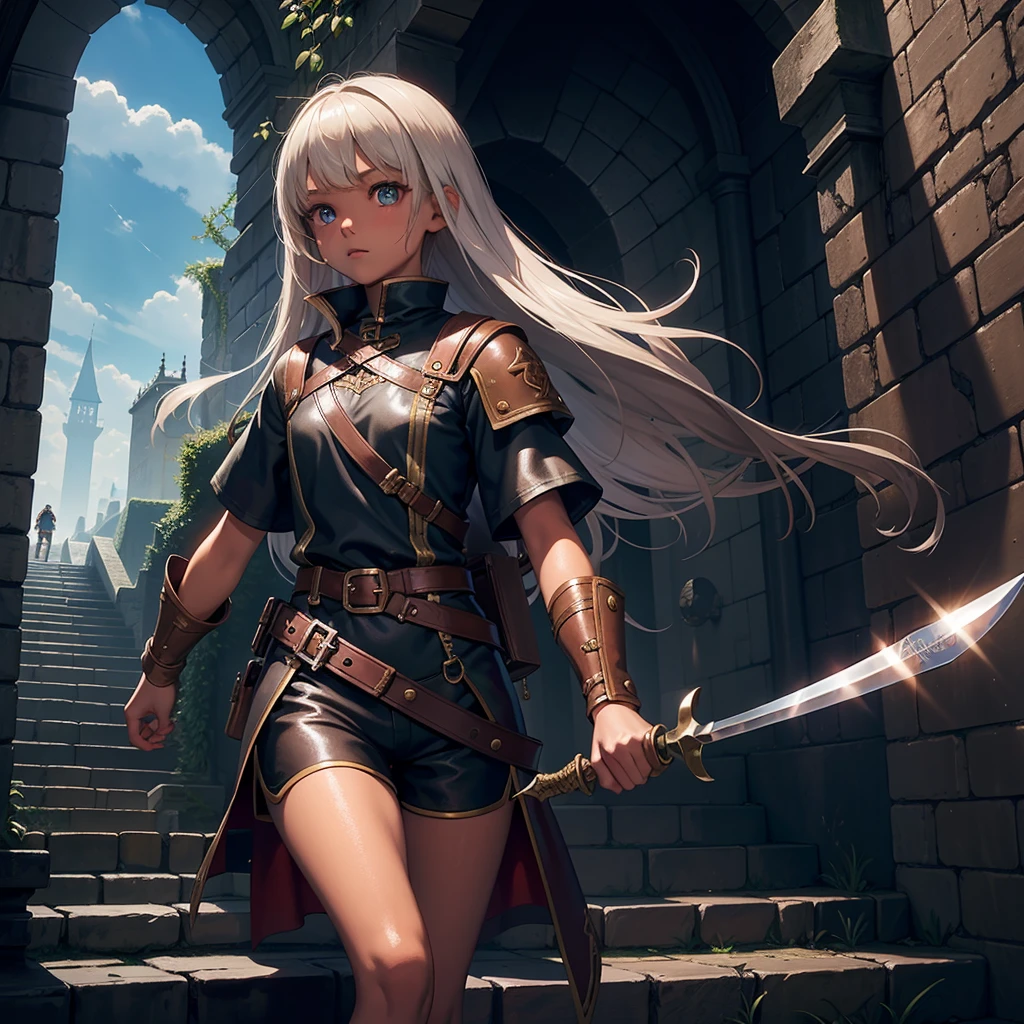 最high quality、high quality、Simple medieval leather clothing、１０Year old girl adventurer、Climb the maze stairs、Fabric Shorts、Equipped with a dagger and a shield、In a dark maze