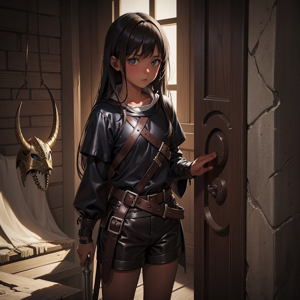 最high quality、high quality、Simple medieval leather clothing、10Year old girl adventurer、Climb the maze stairs、Fabric Shorts、Equipped with a dagger and a shield、In a dark maze