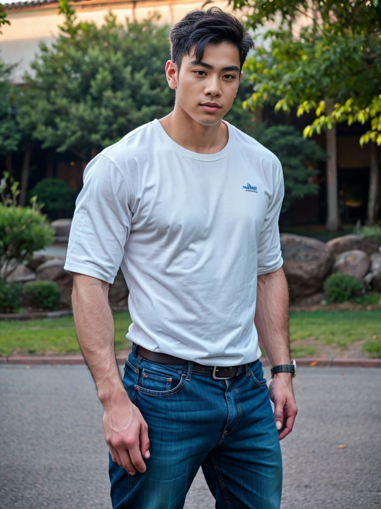 a young asian man, 20 years old, wearing a shirt and pants, dynamic movement pose, big pecs, (best quality,4k,8k,highres,masterpiece:1.2),ultra-detailed,(realistic,photorealistic,photo-realistic:1.37),HDR,UHD,rim lighting,ultra-fine painting,sharp focus,physically-based rendering,extreme detail description,professional,soft colors,bokeh,portrait,photography