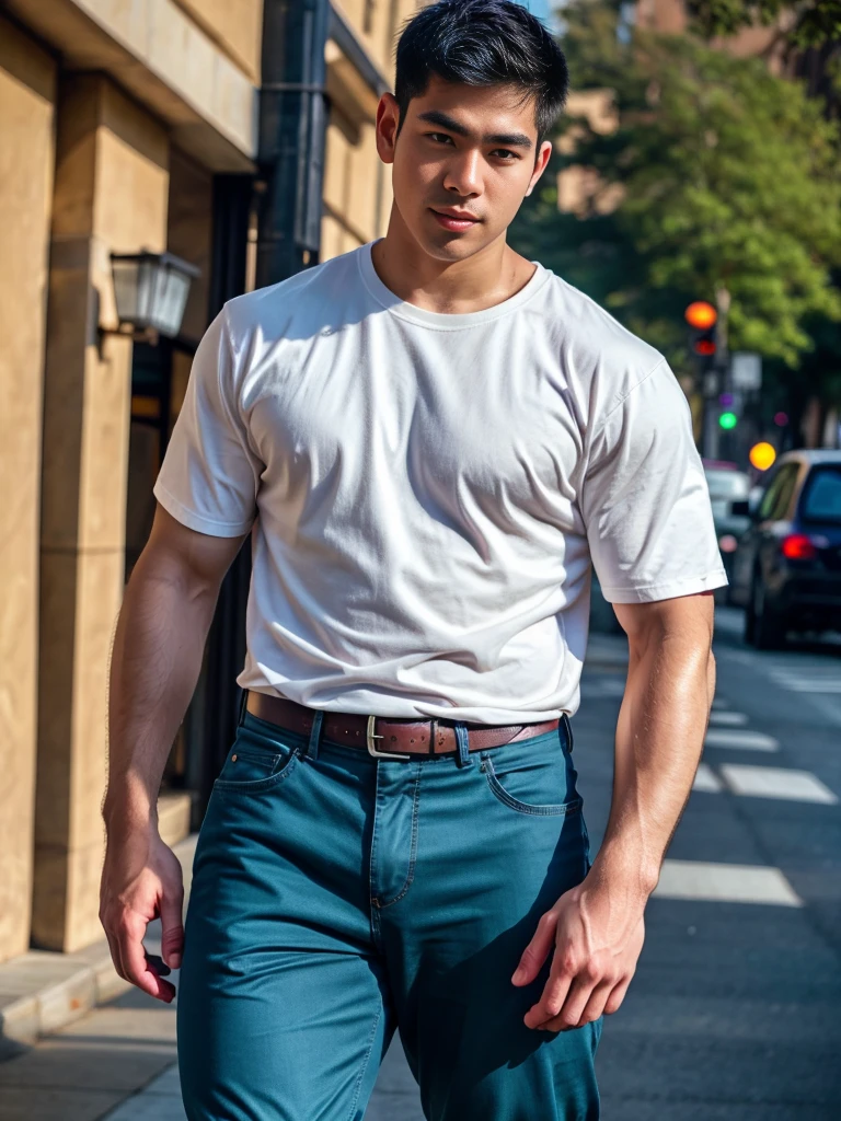 a young asian man, 20 years old, wearing a shirt and pants, dynamic movement pose, big pecs, (best quality,4k,8k,highres,masterpiece:1.2),ultra-detailed,(realistic,photorealistic,photo-realistic:1.37),HDR,UHD,rim lighting,ultra-fine painting,sharp focus,physically-based rendering,extreme detail description,professional,soft colors,bokeh,portrait,photography