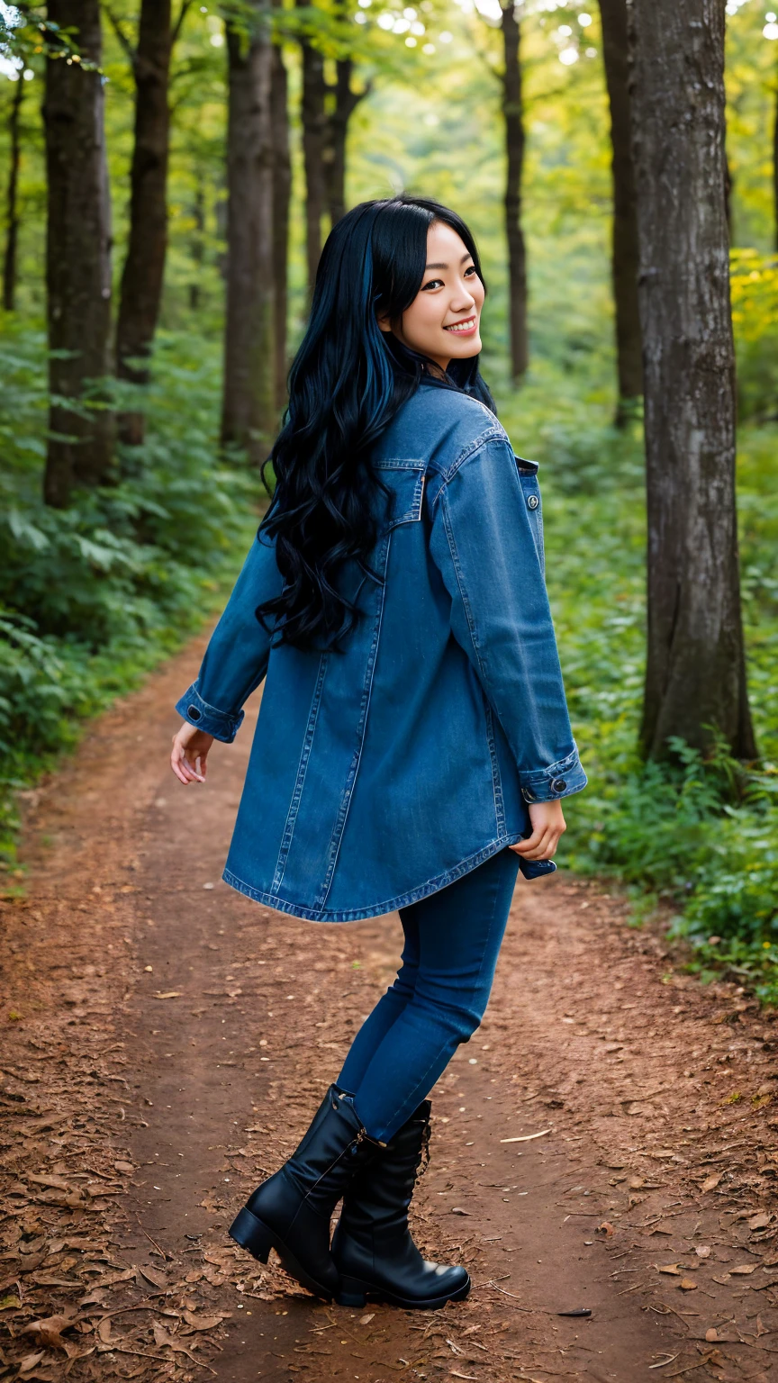 arafed woman with black hair with blue highlights walking in the forest ,boots, jeans, flowing black hair, with black hair, photo of a beautiful woman, long flowing black hair, black golden hour, curly black hair, beautiful young asian woman, beautiful asian woman, wild ginger hair, black wispy hair, light black hair, a young asian woman, an asian woman, infp young woman, photo of a 24-year-old french girl in RAW UHD format from the back, Details (textures! , Hair! , glistering, Color!! , imperfections: 1.1), DSLR Lighting, SLR camera, Ultra-Quality, sharpness, Film grain (walking), Fujifilm XT3, Crystal clear, Frame Center, sharp-focus, bokeh (lit), day time, (open sky), detailed skin pores, oilly skin, suntan, Complex eye details, (((beautiful boots))), ((smiling)),