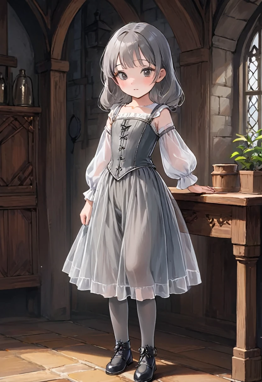 8 year old medieval girl, underwear姿、Translucent knee-length bloomers(underwear)wear、wear a semi-transparent corset、Translucent slip, Grey translucent tights