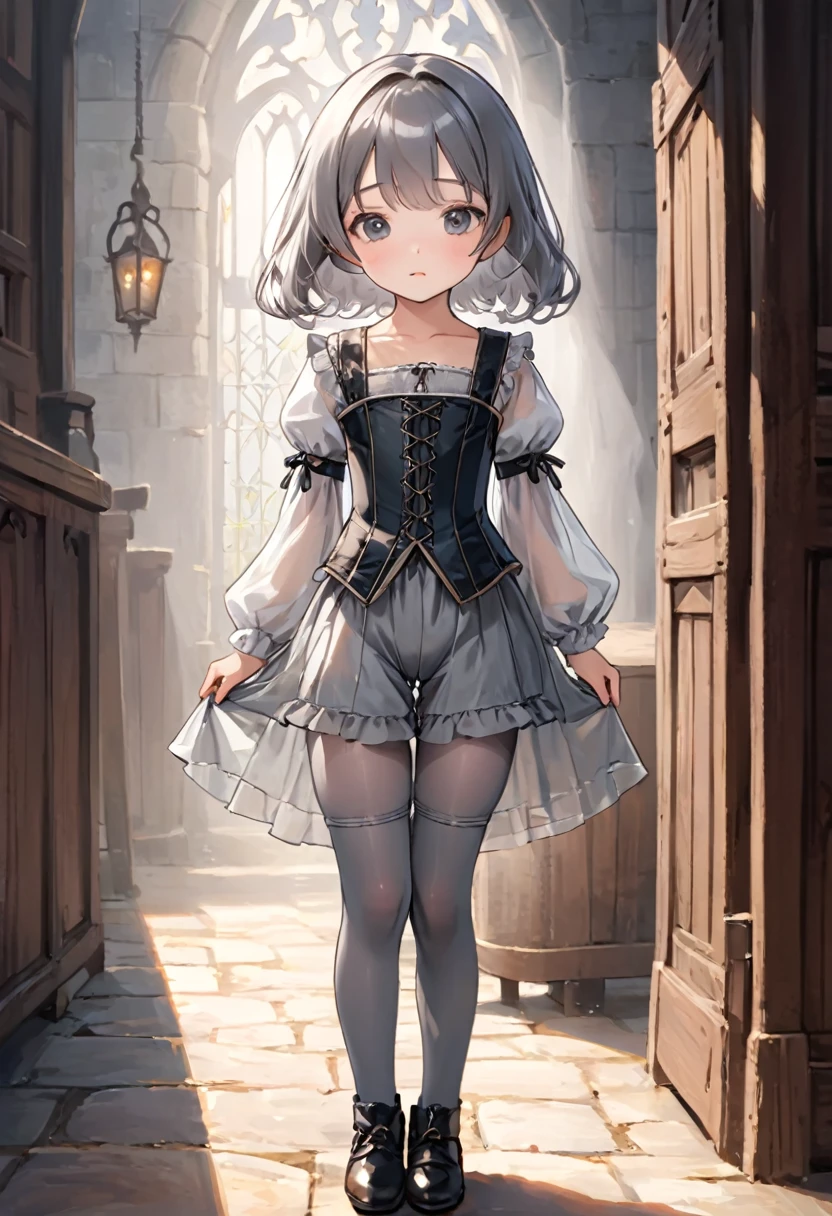 8 year old medieval girl, underwear姿、Translucent knee-length bloomers（underwear）wear、wear a semi-transparent corset、Translucent slip, Grey translucent tights