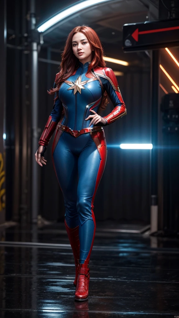 (masterpiece), (best quality), (ultra detailed), (epic lights reflections), glowing, luminous neon lights, 1girl, red eyes, red hair, full makeups, red lips, fit body hair blown by strong winds, she is a Beautiful Captain-Marvel, very tight body shape suit, ultra bodysuit textures details, hair blown by winds, ((full body)), symmetrical pose, model posing in the middle, 