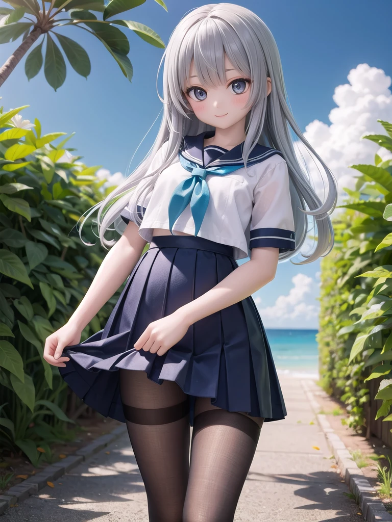 wallpaper, Clear Face, (masterpiece),  town,  blue sky,  一peopleの少女, people々Leading in the right direction,  smile,  一peopleで,  Sailor suit、Long skirt,  Overgrown,  petal,  plant、Skirt lining、White slip、nostalgic、pantyhose（gray）、You can see the sea in the distance, Crotch close-up