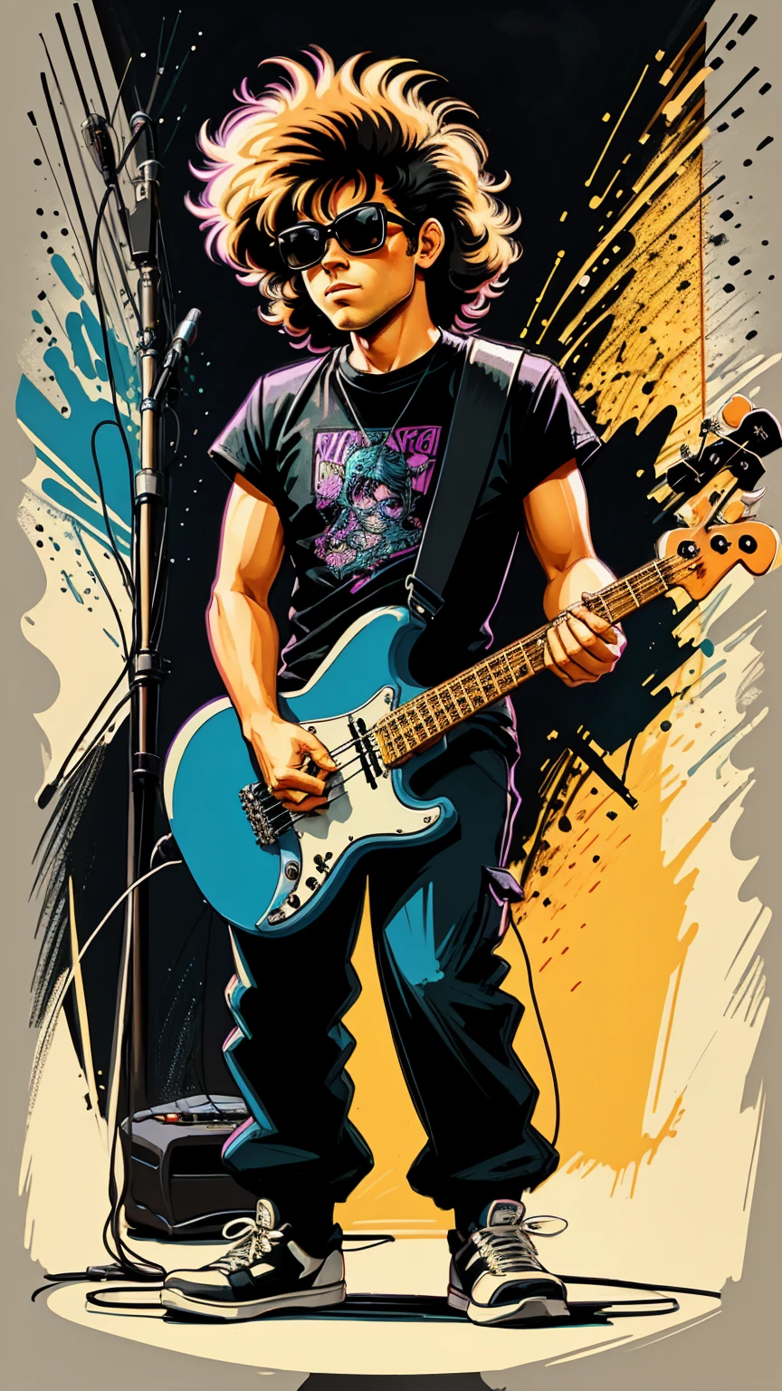 80s bassist drawn cartoon style in black colors