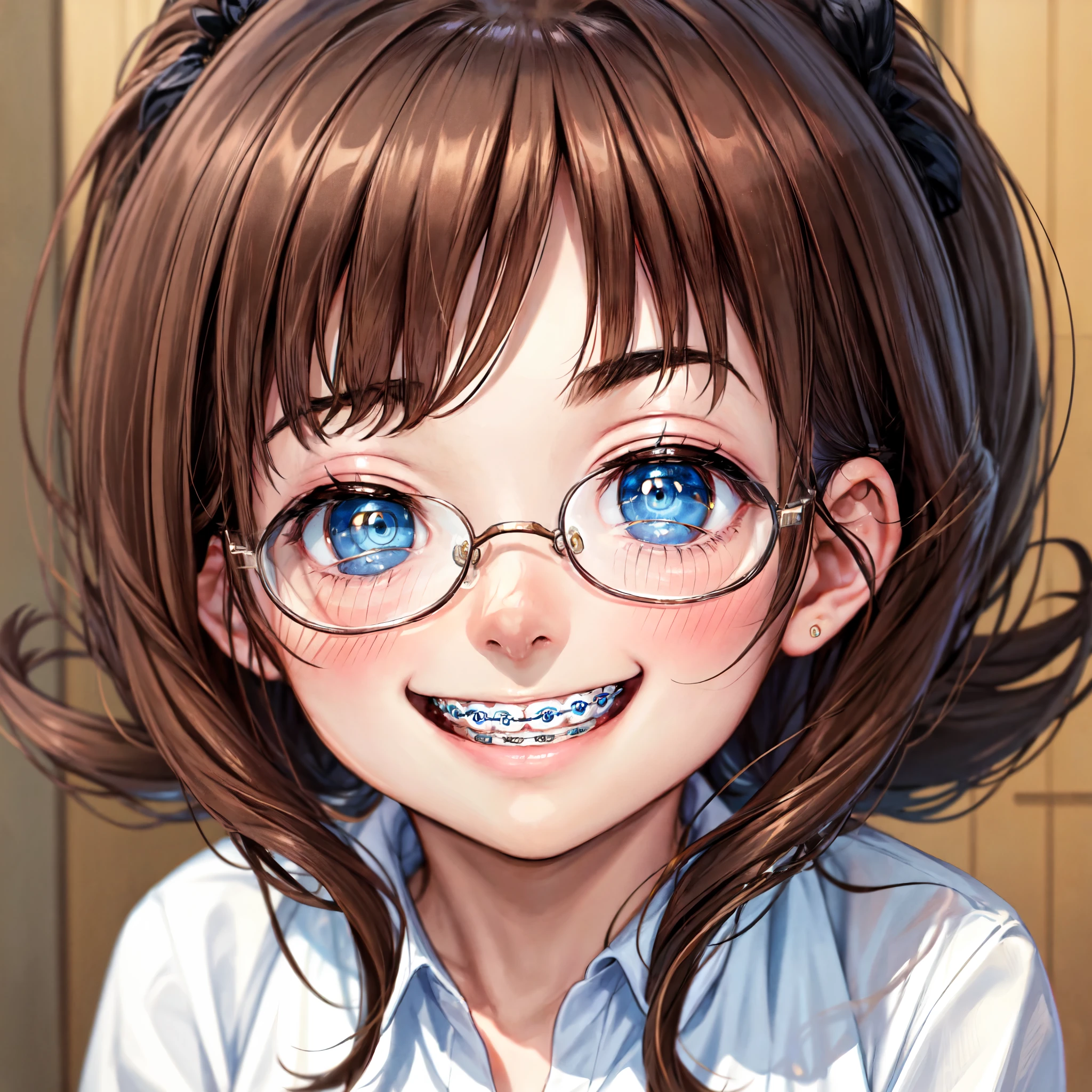 1girl, seductive eyes, braces, glasses, smiling, cute, face focus, blue eyes, blush, brown hair, best quality, masterpiece, highres